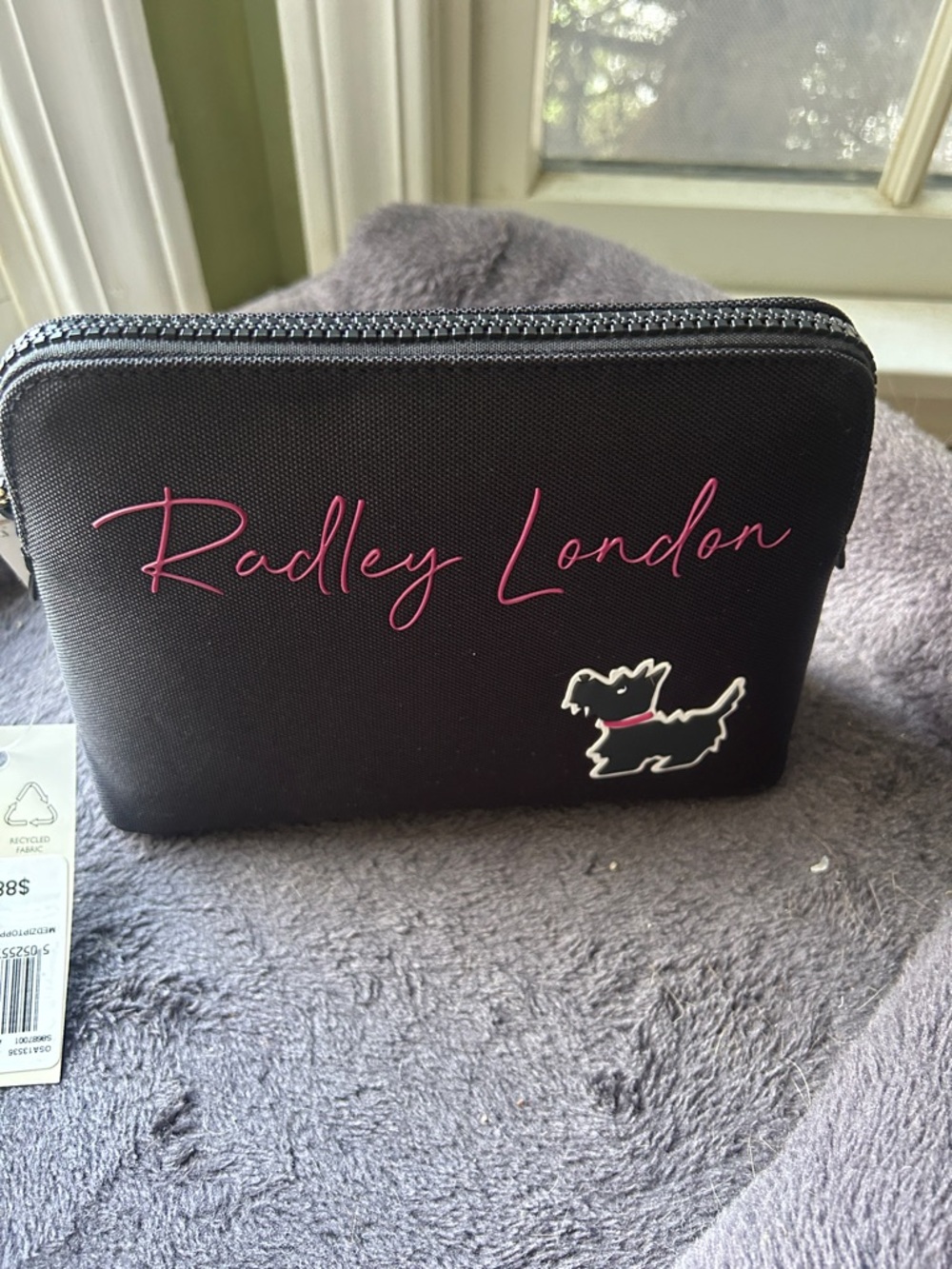 RADLEY LONDON Black Pouch with Pink Script and Dog Accent